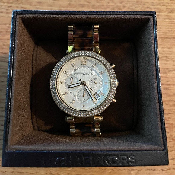 Used Michael Kors gold and tortoise watch w case